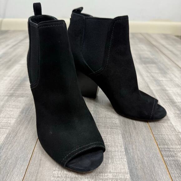 Tory Burch Gemma Boots Size 8M Black Open Toe Ankle Booties‎ Suede Stacked Heel - Picture 1 of 16